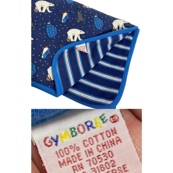 Gymboree Polar Bear Penguin Seal Baby Blanket Blue Stripe Vintage RAINBOW TAG - Picture 1 of 11